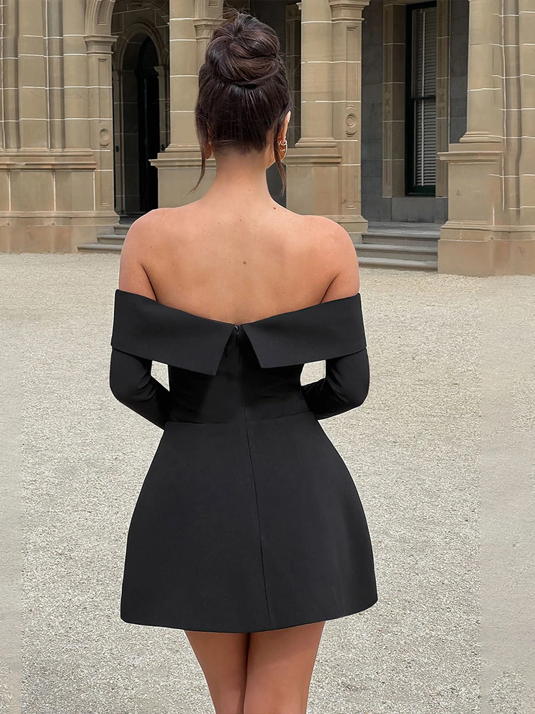 JULISSA MO Sexy Off Shoulder A-line Women Dress Black Backless High Waist Dress Female Autumn Skinny Elegant Party Clubwear 2024