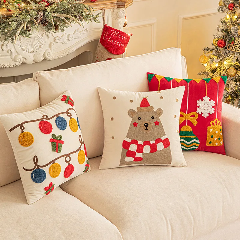 Decoration Cushion Cover Christmas Santa Snowflake Pillow Case Cotton Square Embroidery Pillow Cover 45x45cm