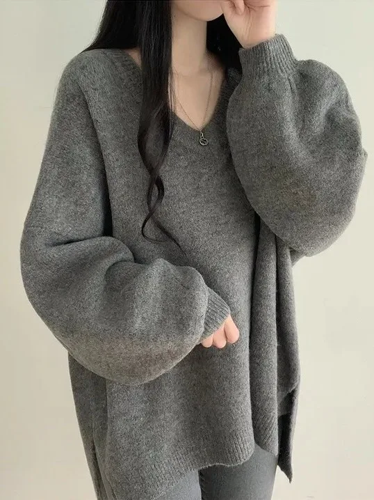 

Elegant Autumn Winter Women's Loose Knitted Sweater round Neck Overhead Medium Length Open Split Thick Warm Comfortable Top