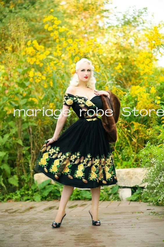 Black Tea-length Mexican Evening Birthday Dresses Off Shoulder Floral Applique Embroidery Charro Puffy Skirt Prom Dress