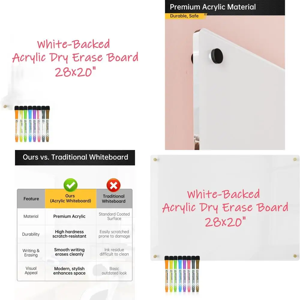 

28x20 Acrylic Whiteboard with 8 Dry Erase Markers and Colored Screws - High Contrast, Shatterproof for Home, Office, School, Kit