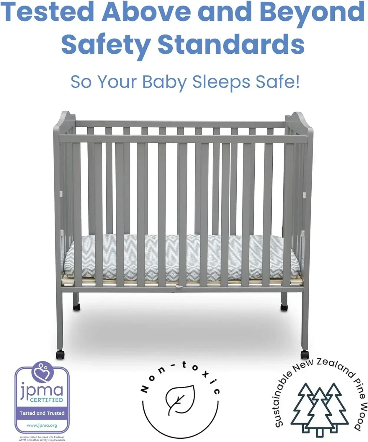 Delta Children Mini berceau portable pliant avec matelas de 1,5 pouces - Certifié Greenguard Gold, gris