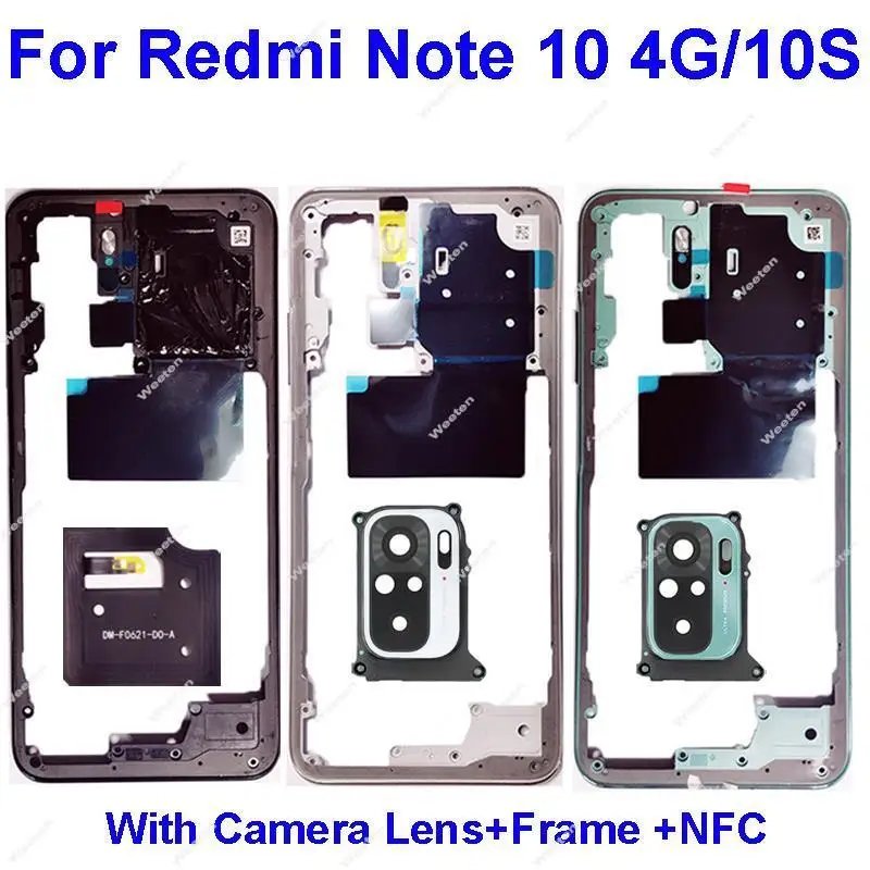 

For Xiaomi Redmi Note 10 4G Note 10S Middle Frame Housing Bezel Holder Cover with Camera Lens Cover Side Button NFC Parts