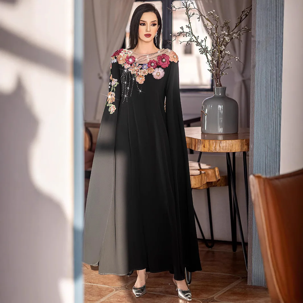 Women's Black Beading Casual Trendy Elegant Patchwork Loose Abaya Female Dresses Clothes Muslim Middle East 2025 New Fashion
