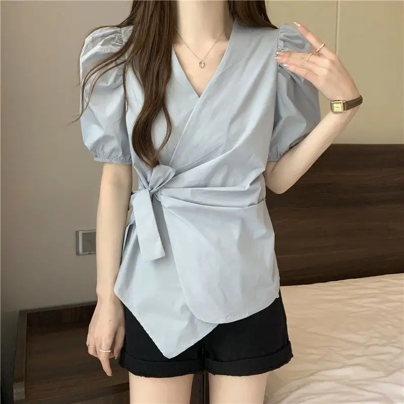 

2026 Summer Women's Elegant Slimming Blouse Puff Sleeve V Neck Short Sleeve With Asymmetrical Tie Waist Cinching Detail