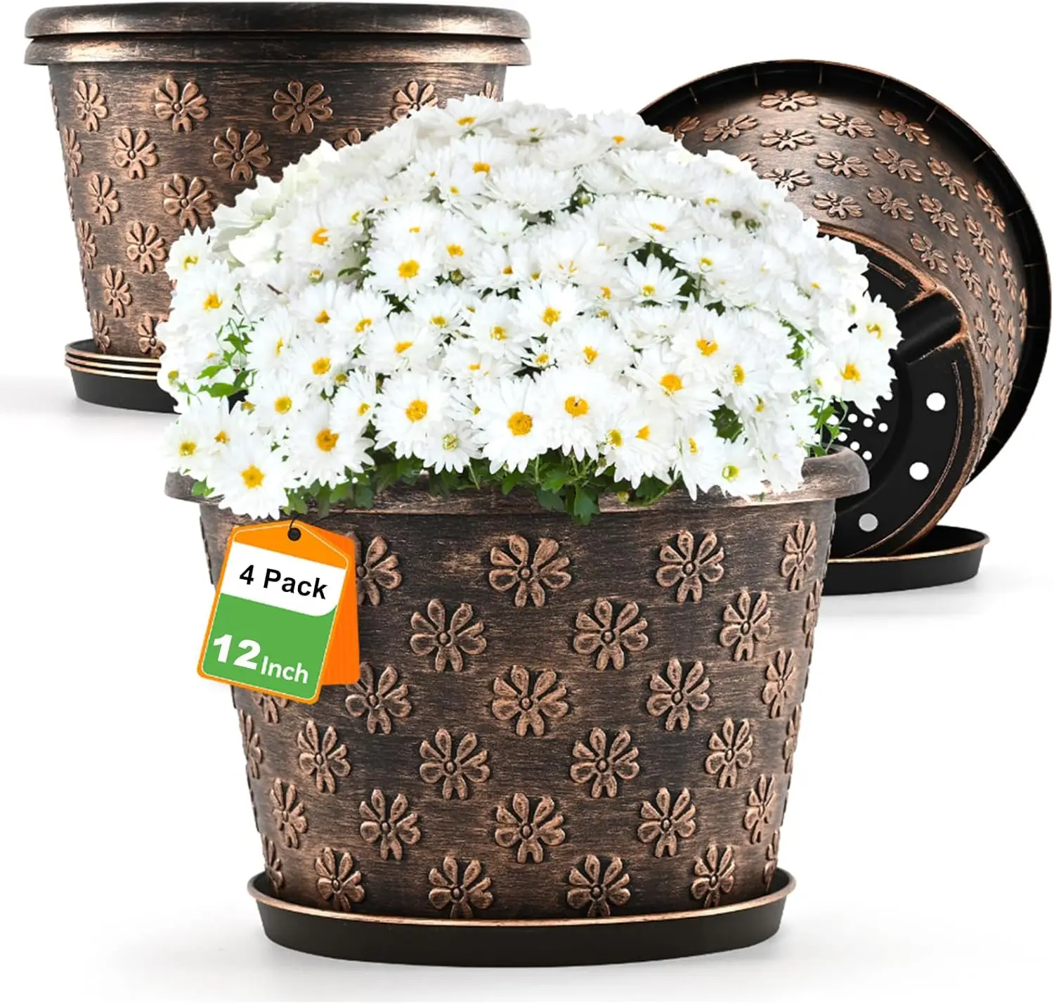 

Набор из 4 пластиковых горшков для растений 12 дюймов с дренажем и поддонами, ретро-дизайн, для дома и сада