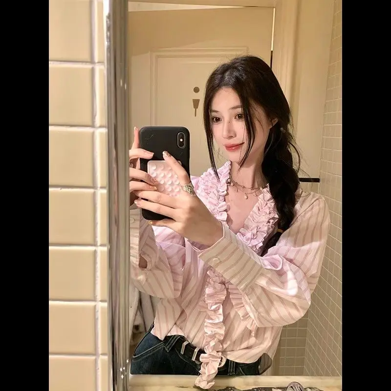 

Нежно-розовая полосатая рубашка с длинным рукавом и V-образным вырезом, свободного кроя, женская, весенняя, в стиле Ins