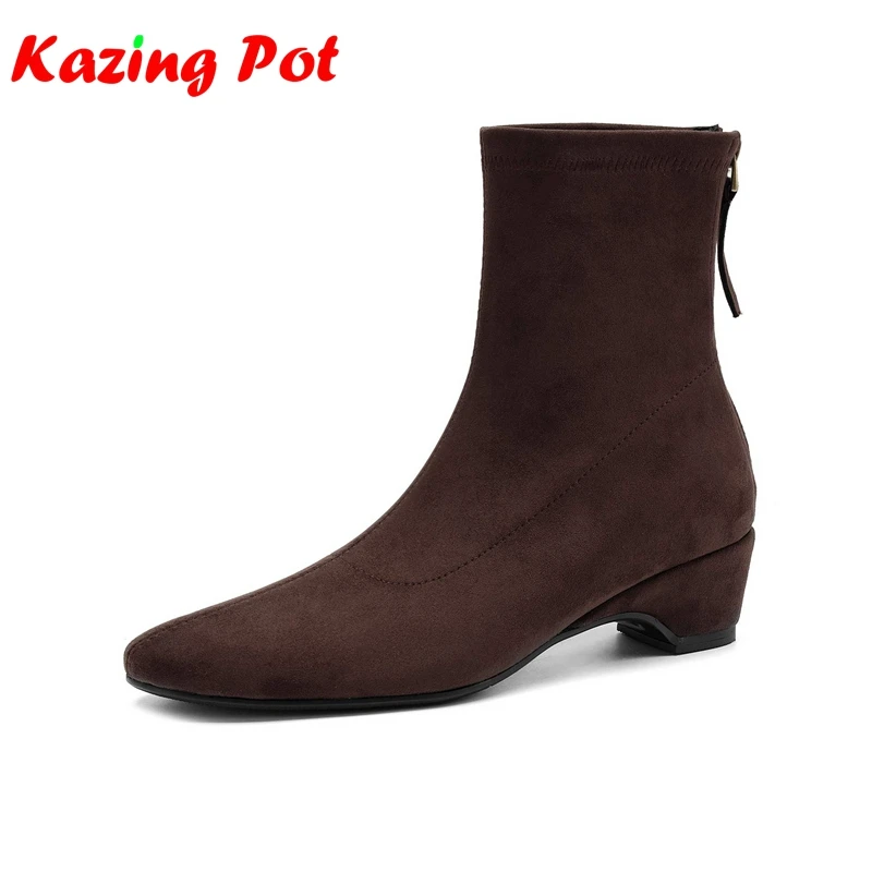Krazing Pot 2027 Flock Round Toe Med Heels Modern Chelsea Boots Keep Warm Winter Shoes Street Wear Zipper Stretch Ankle Boots