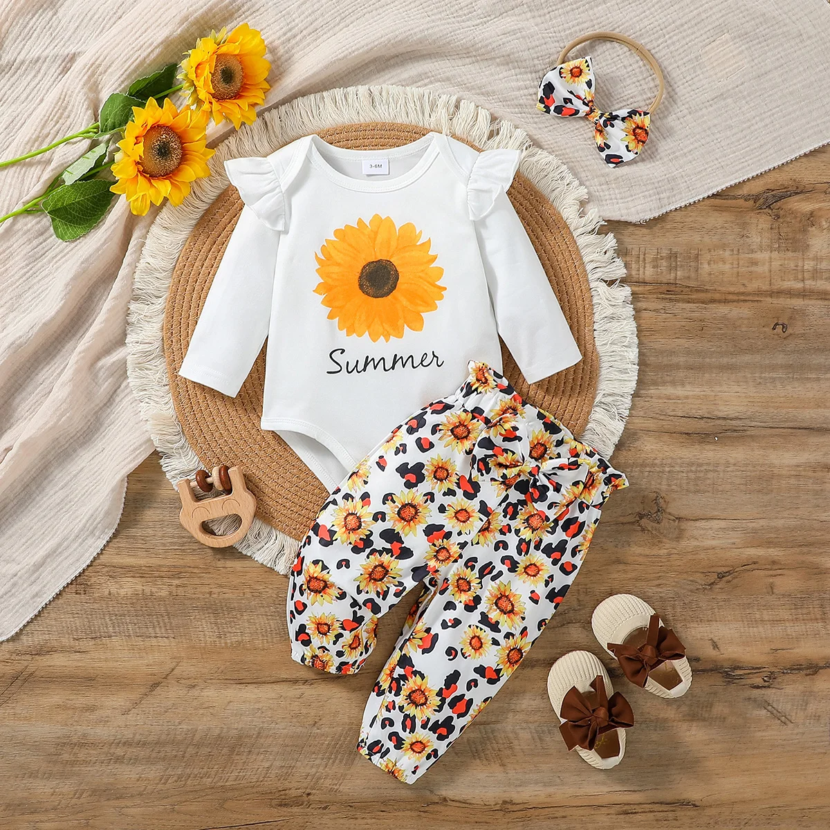 3Pcs Baby Girls Spring/Autumn Long Sleeve Print Sunflower Romper+ Trouser With Bow Pantsuit  Casual Clothing+Headband