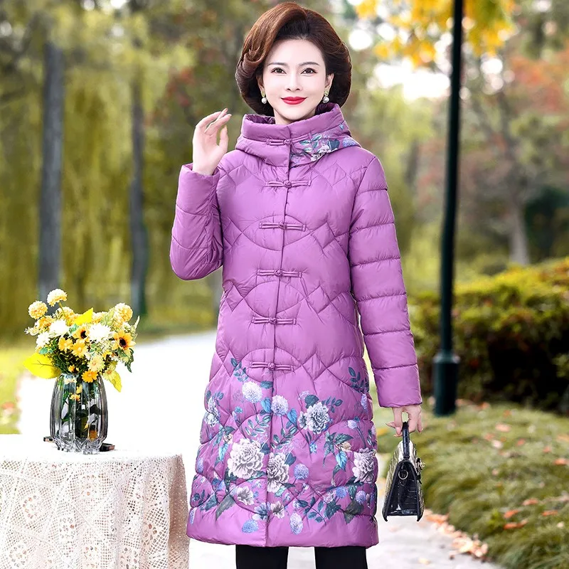 Winter Women Long Hooded  printing Down Cotton Jacket  Winter Femme Thickened Warm Padded Coat Female Down Jacket Overcoat