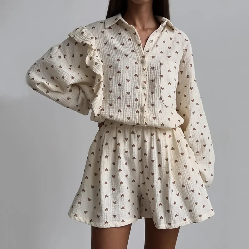 Ruffle Heart Printed Shirt for Women Wide Leg Shorts Casual Set Spring Outfits Women 2024 Shorts