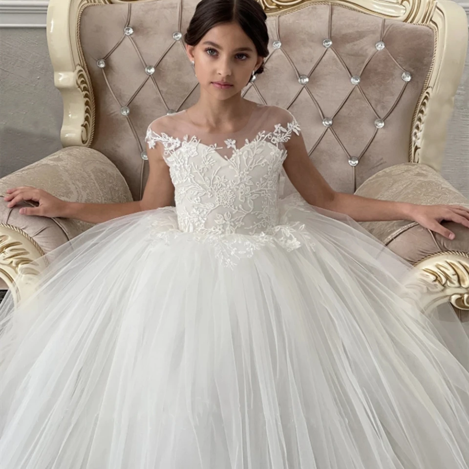 Personalizado elegante inchado vestidos da menina de flor para o casamento 2024 festa princesa rendas apliques vestido baile criança primeira comunhão vestidos