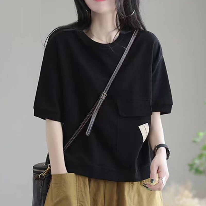 Women Trendy Simple Casual Streetwear Y2K Pocket Cotton T-shirt 2024 Summer Solid O Neck Short Sleeve Loose Tops Ropa De Mujer