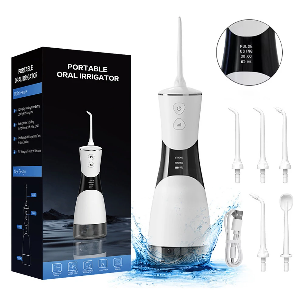 Oral Irrigator Water Flosser Rechargeable 5-speed Portable Dental Water Jet 350ML Tank IPX7Waterproof Teeth Cleaner Tooth Scaler