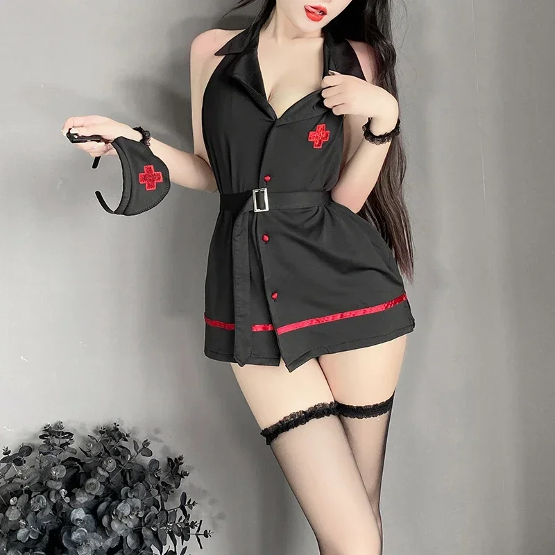 Sexy Lingerie Nurse Uniform Cosplay Porno Costume Hot Women Erotic Lace Slip Dress Bra Pad Underwear Sex Role-Playing
