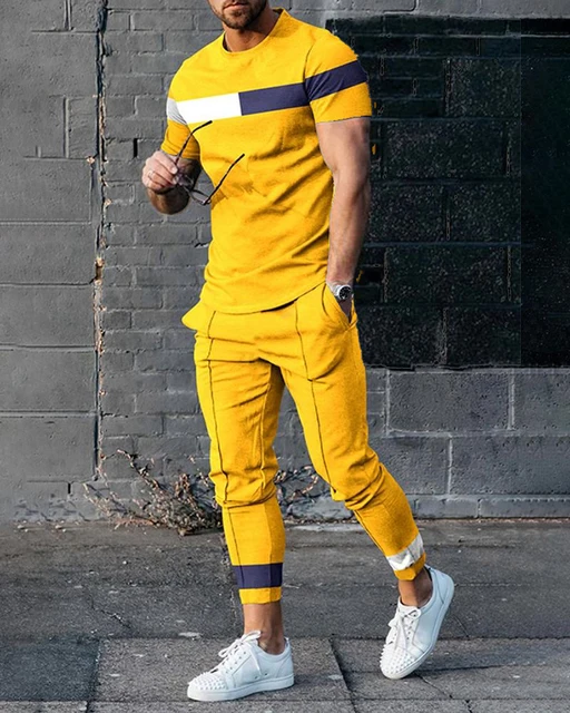 2023 Men\'s Summer Tracksuit 2 Pieces Lattice Printing T-Shirt+Trousers Set Casual Jogging Suit Fashion Male Oversized Streetwear