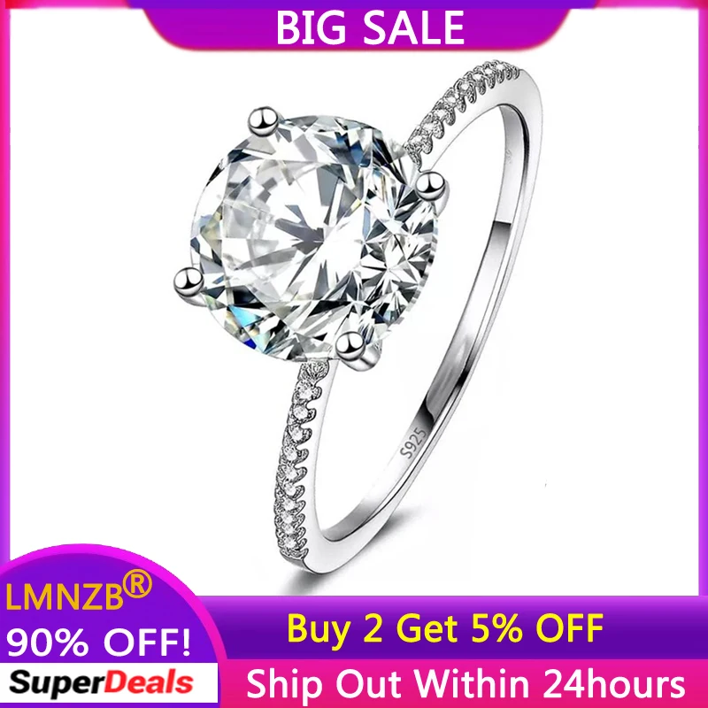 LMNZB With Credentials 100% Real Tibetan Silver Ring Luxury 3ct Zirconia Diamant Ring Bride Wedding Band Fine Jewelry for Women