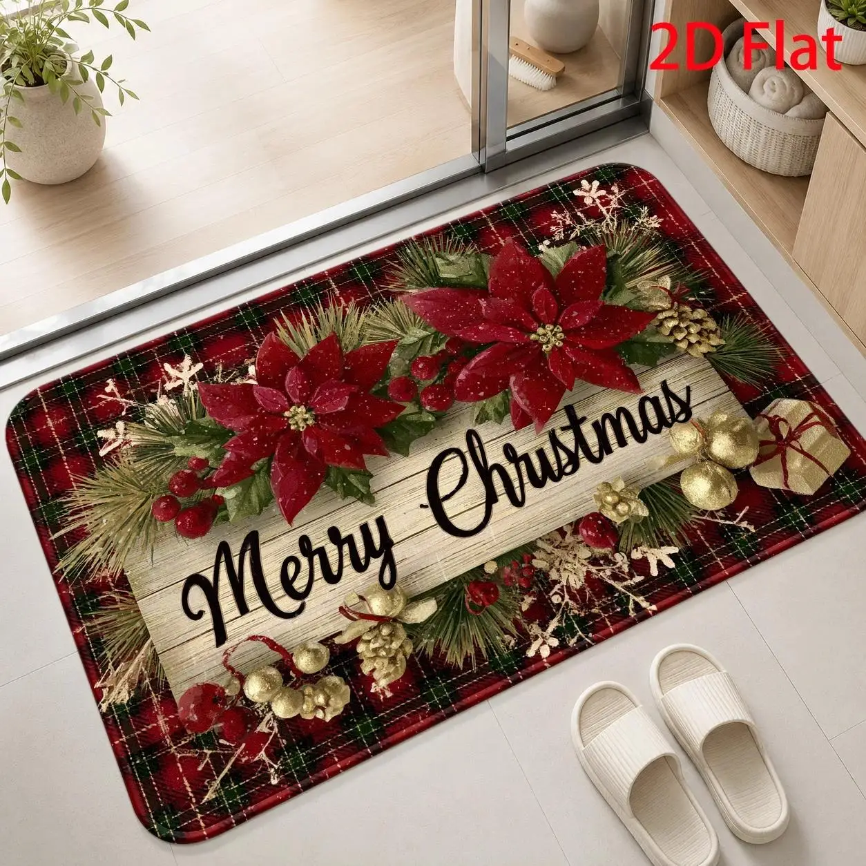 Tartan Plaid Poinsettia Merry Christmas Text White Wood Board Print Durable Washable Mat For Traditional Holiday House Porch Sty