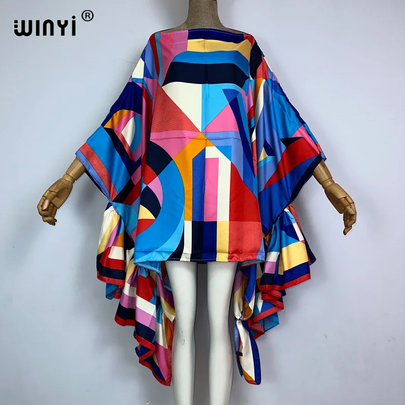 WINYI Women summer fashion Evening Party Beachwear Kuwait Bohemian Abaya kaftan Puff Sleeve sexy elegant beach cover up dress