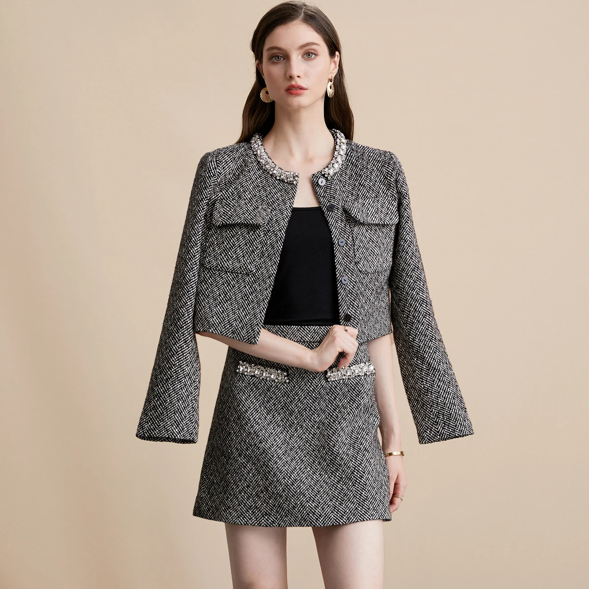 Zjyt elegante luxo diamantes tweed jaqueta e mini saia terno outono inverno das mulheres duas peças outfit 2025 novos conjuntos de vestido de festa