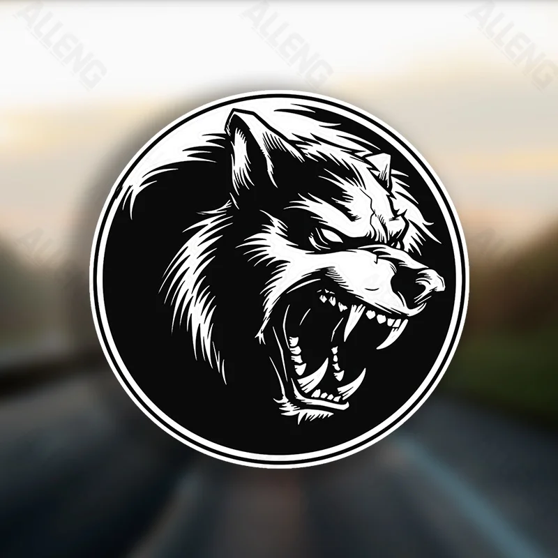1Pc Fierce Wolf Head Round Waterproof Vinyl Sticker Black White for Motorcycle Car Laptop Decor