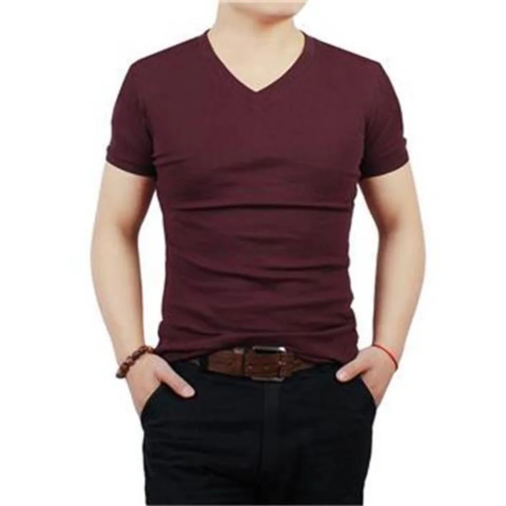 Summer Korean Clothing Breathable Men\'s Wine Red Slim Fit T-shirt V Neck Bodycon plus size 6XL Gym Short Sleeve Tee Tops