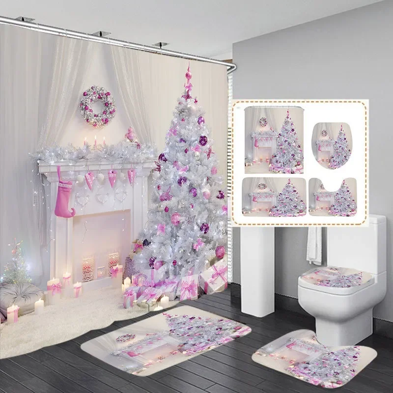 4 Pcs Merry Christmas Shower Curtain Set Waterproof Fabric Bath Curtain Snowman Tree Non-Slip Bath Mat Toilet Lid Cover Decor