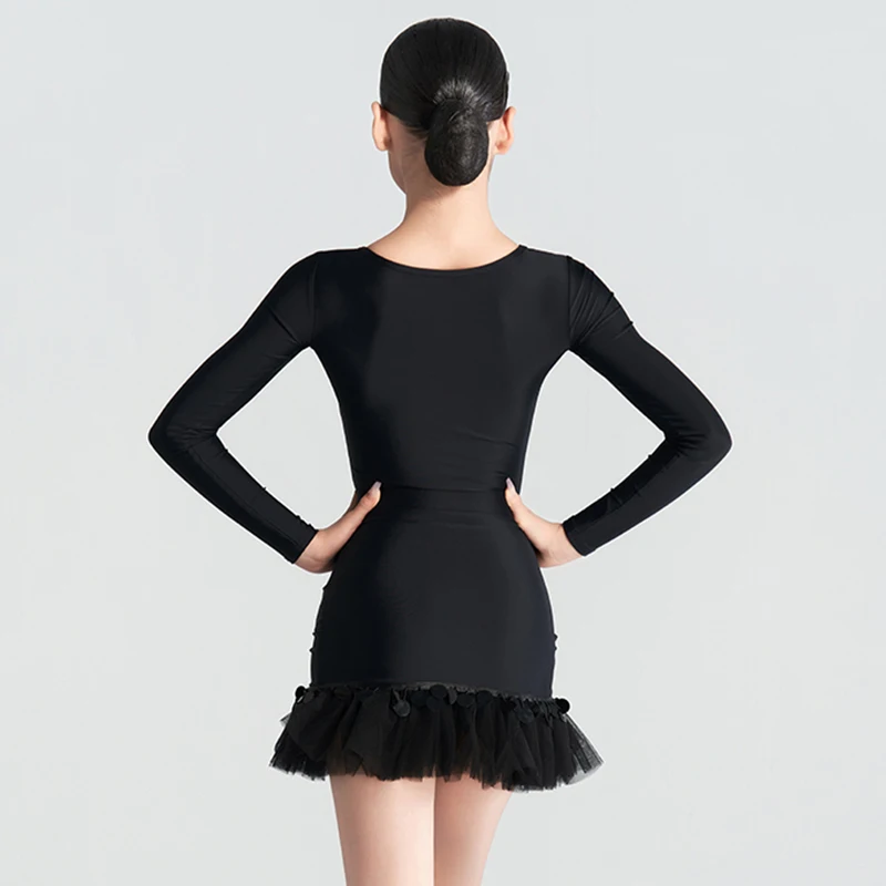 黒ラテンダンス衣装女の子パフォーマンスステージウェアフリルダンスパフォーマンススーツチャチャルンバトレーニング衣装ホワイト VDL4764