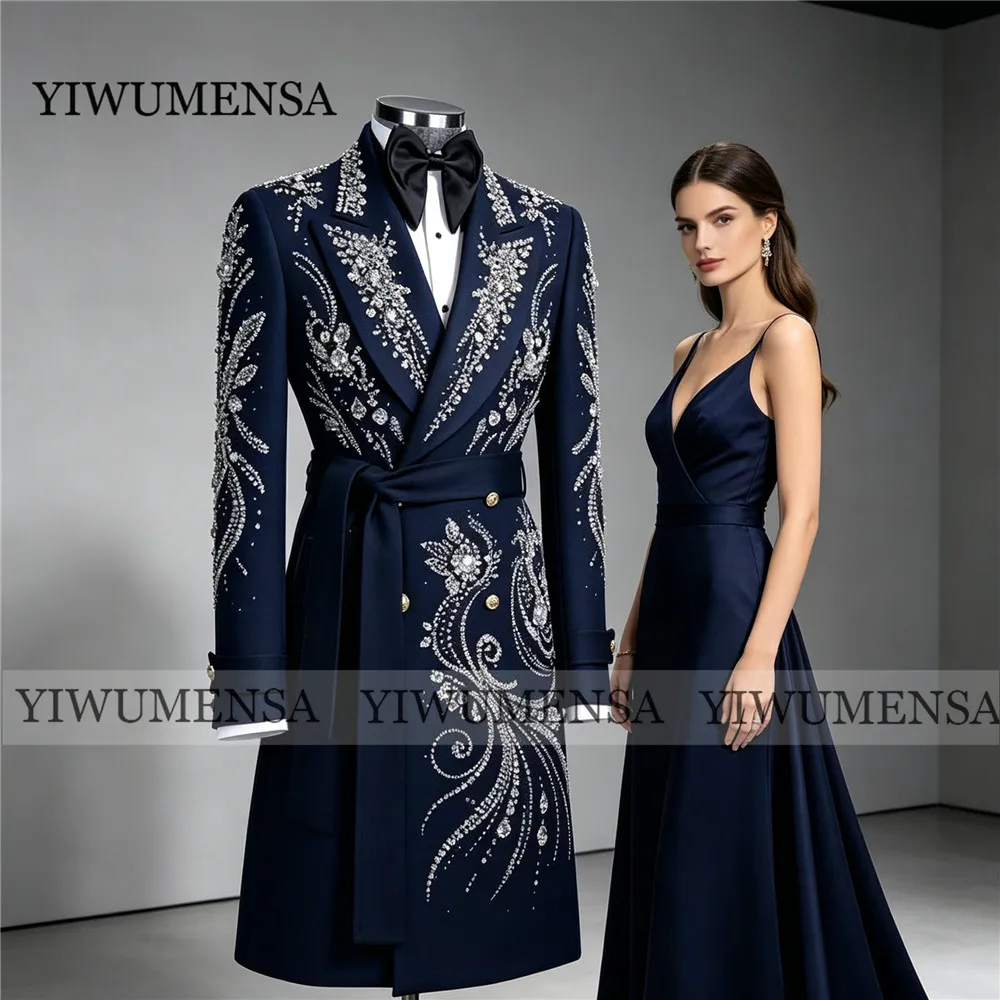 

Shiny Crystal Beaded Men Suits Customized Long Coat Wedding Party Tuxedo 2 Piece Groom Man Blazers ropa hombre veste homme luxe