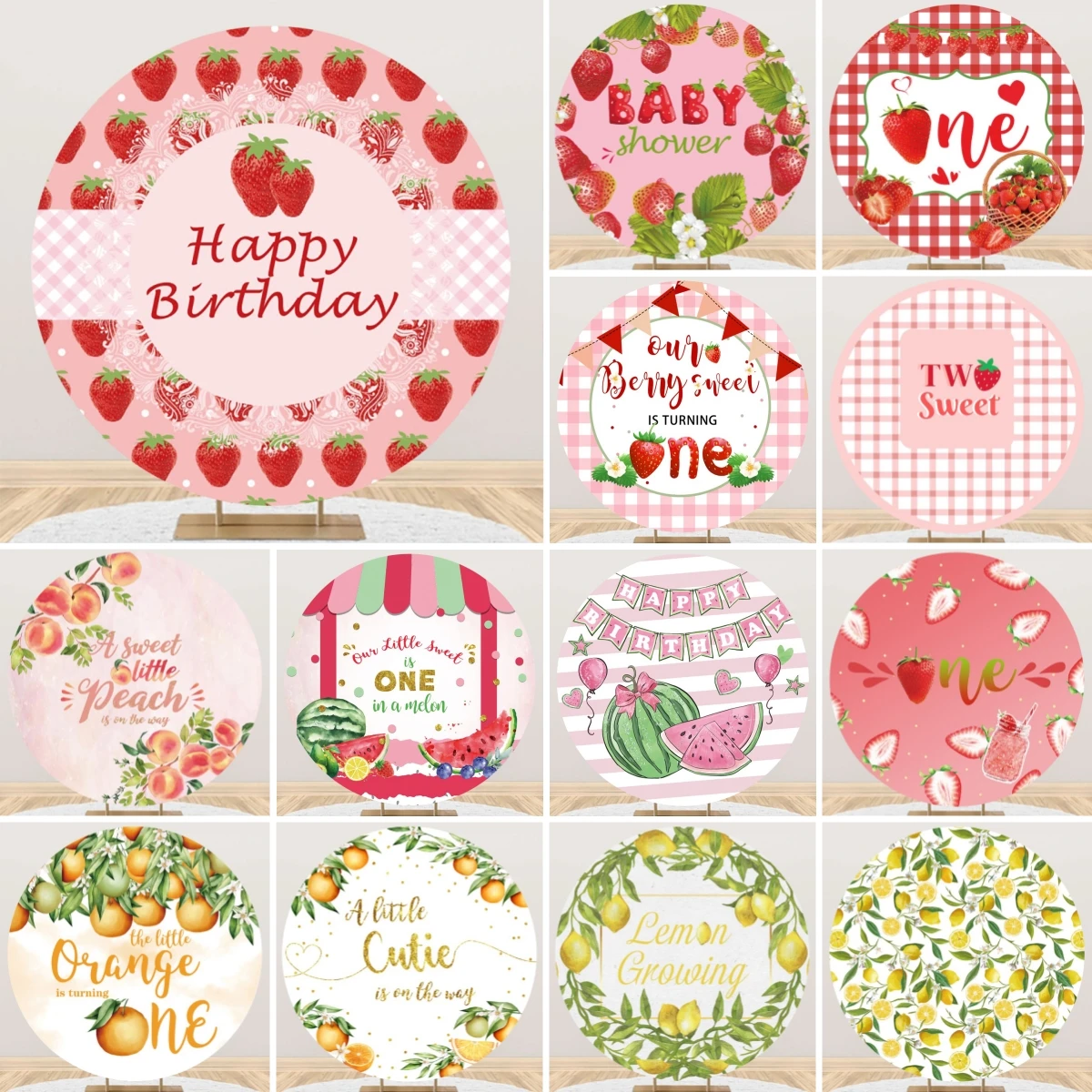 

Strawberry Themed Designs Happy Birthday Circular Photography Background Baby Shower Celebrate Party Kid Portrait Round Backdrop