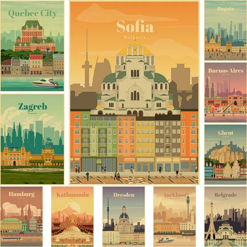 Famous City Poster Sofia Zagreb Dresden Nordic Wall Art Kraft Paper Pictures for Living Room Decoration Paintings Home Decor