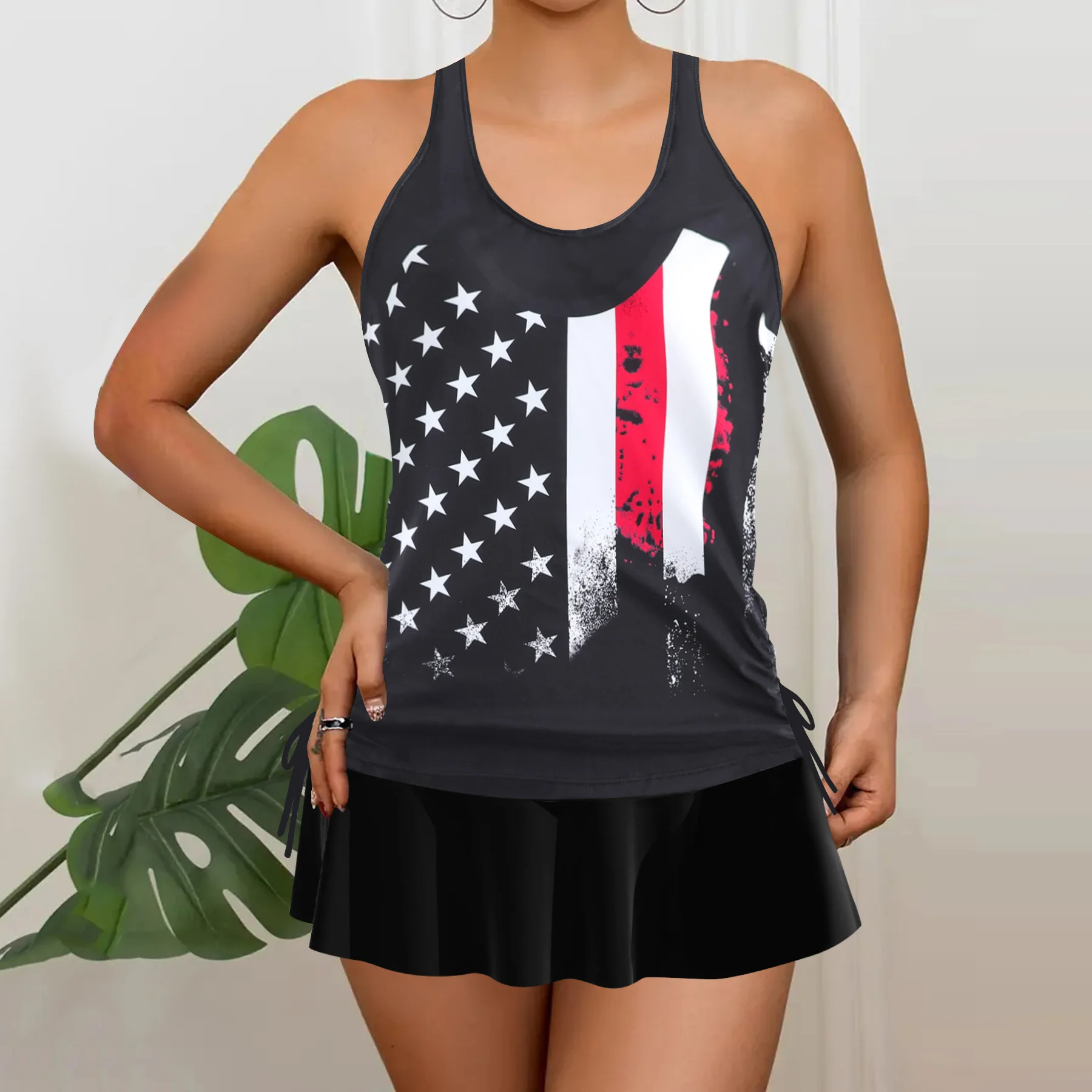 Women Racerback Tankini Swimsuit Retro Print Drawstring Side Top Skirted Bottom 2 Pcs Modest Beach Bathing Suit Summer Swimwear