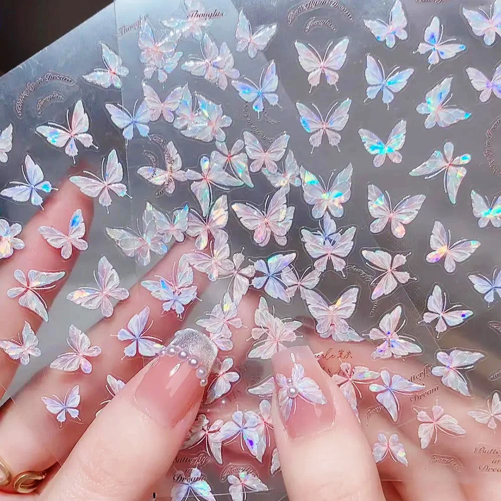 Pink Purple Aurora Shell Butterfly Nail Stickers Shiny Laser 3D Butterflies Nail Decals 8*10cm Adhesive Aurora Shell Butterfly N