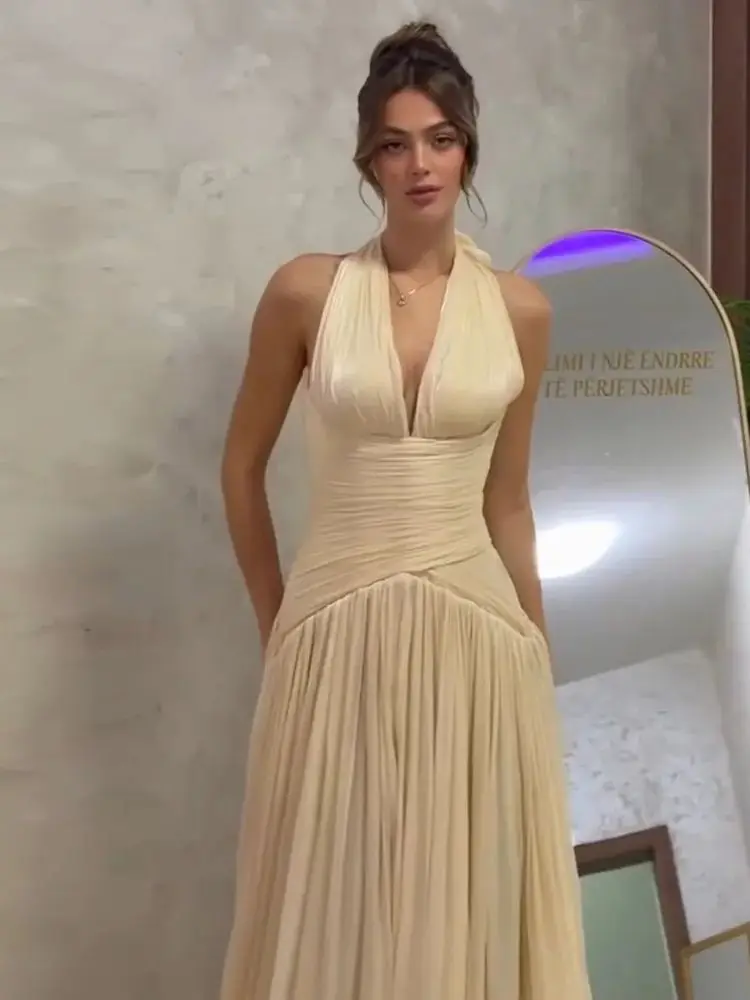 Eightale Avondjurken Halter Plooien Vloerlengte Aangepaste Crêpe V-hals Champagne Prom Party Gown vestido de fiesta - afbeelding 2