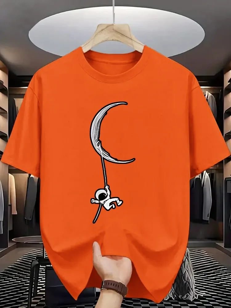 Mens Crew Neck Tee Astronaut Moon Swing Space Graphic Print Light Cotton Trendy Galaxy Enthusiast Daily Short Sleeve Casual Top