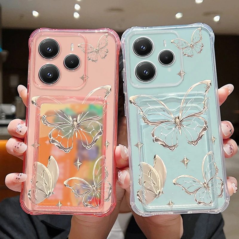 Bolsa carteira com estampa de borboleta dourada, capa carteira para xiaomi redmi note 13 14 12 11 pro 5g note 13 14 14c 13c 4g, capa transparente e macia para telefone