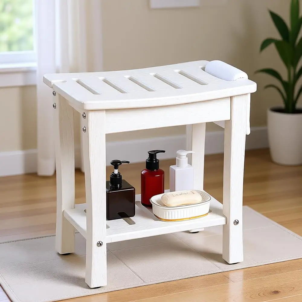 

Белая скамья для душа с полкой для хранения и ручками, идеально подходит для использования в помещении или на открытом воздухе, для спа или ванны.