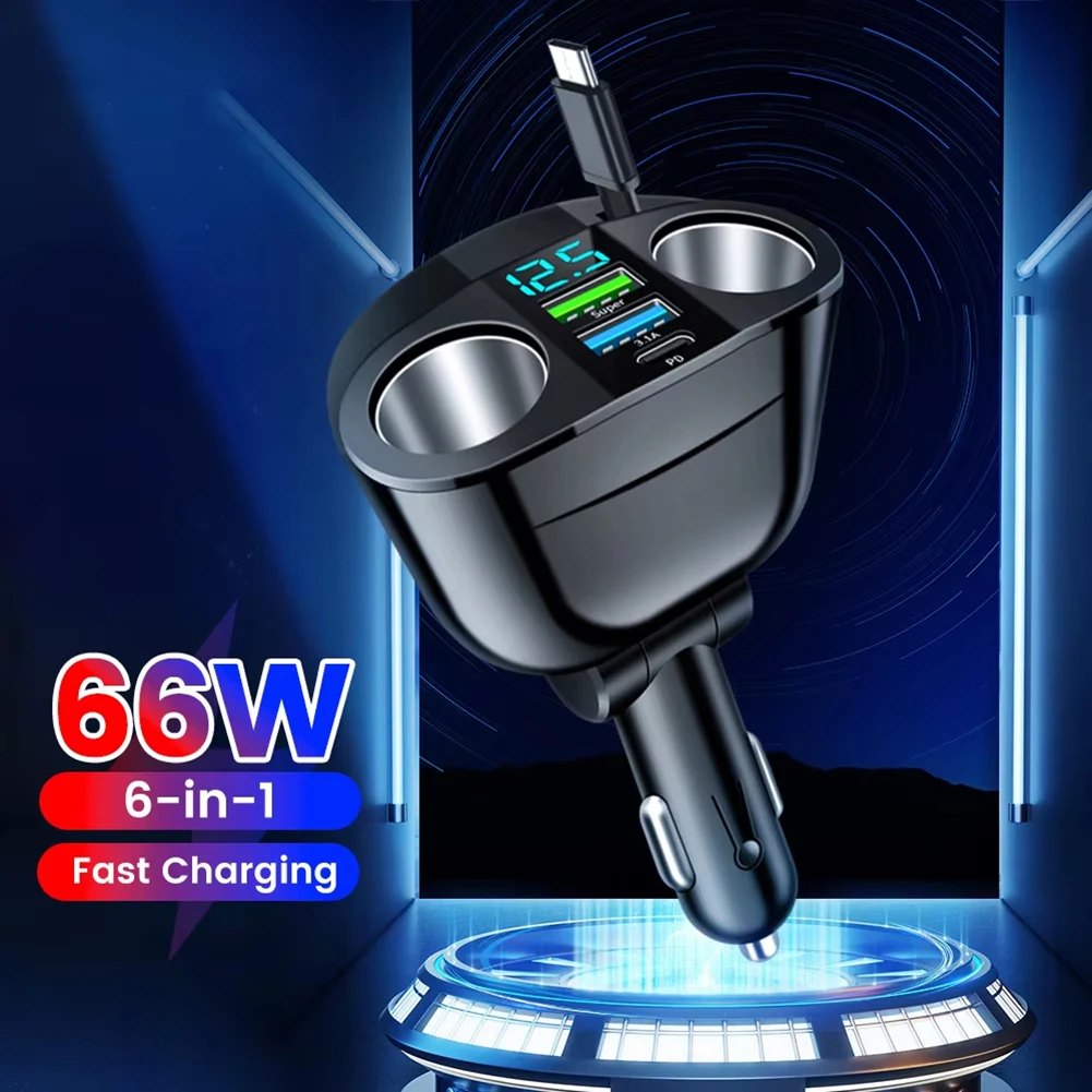 

Зарядное устройство 66 Вт, автомобильное зарядное устройство, регулируемое напряжение на 360 градусов, 12-24 В постоянного тока, 5-портовое автомобильное зарядное устройство, многопортовое зарядное устройство 12,5*7,4*4,8 см