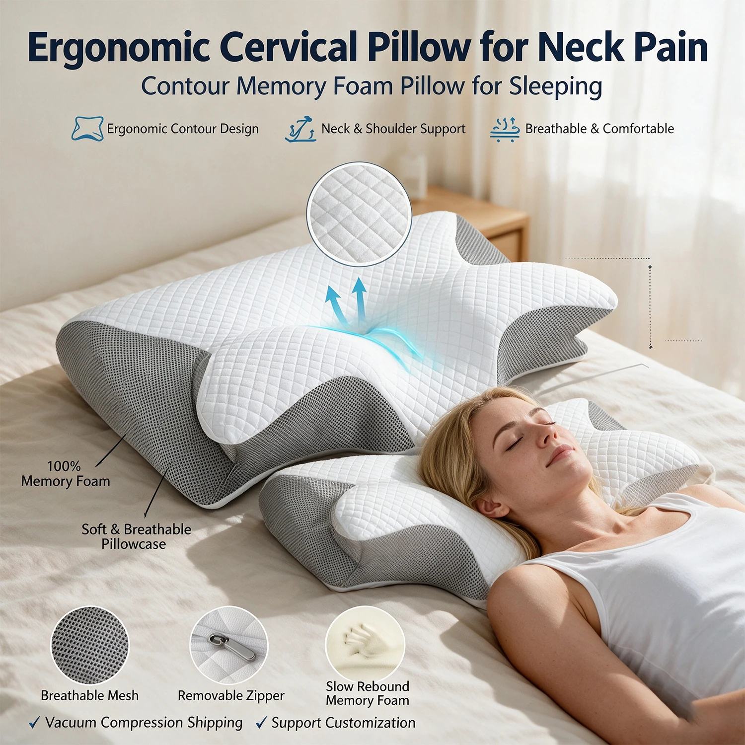 Orthopedic Butterfly Shaped Memory Foam Cervical Pillow with Breathable Mesh Cover Neck Support for Multi-Sleeping Positions