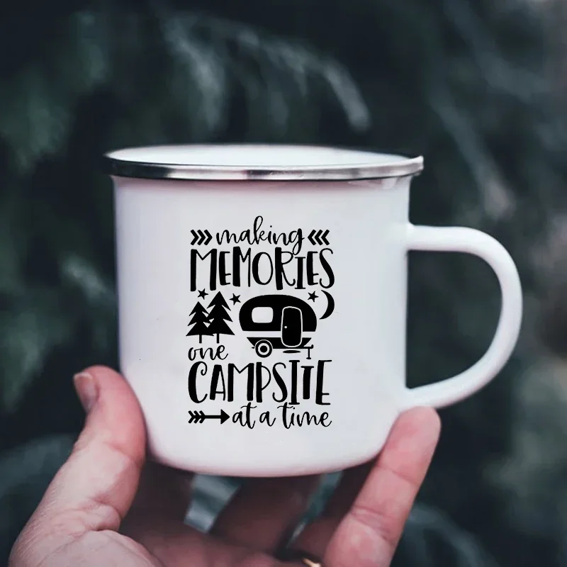 Happy Campers Campfire Enamel Cups Making Memories One Camping At A Time Print Mug Outdoor Campervan Coffee Mug Camper Van Gifts