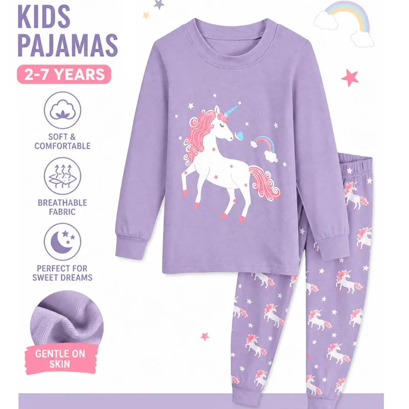 Little Hand Girls Long Sleeve Pajamas Toddler Unicorn Print 100% Cotton 2 Pcs Pjs Sets Kids Cute Sleepwear Shirts for 2-7T