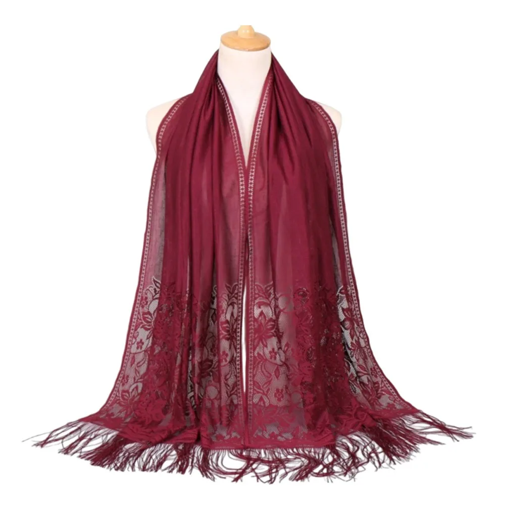 

Трансграничный однотонный кружевной шарф из смеси хлопка, шелковый полый шарф Muga, полый дизайн, сетчатый шарф с кисточками, повседневная одежда