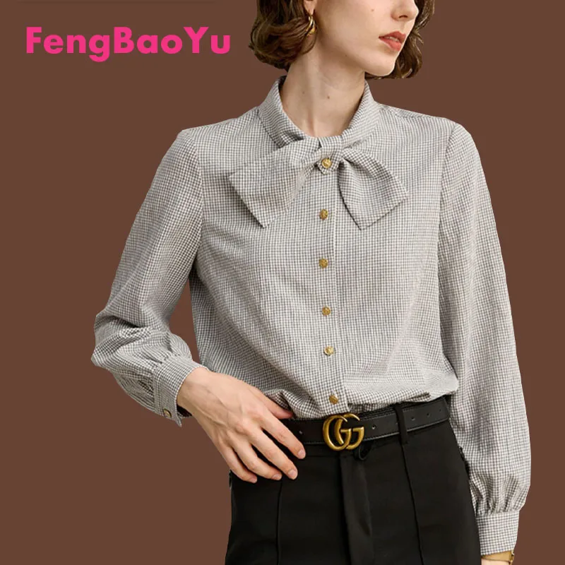 

Fengbaoyu Bow French Vintage Spring and Autumn Long Sleeve Shirt Temperament Elegant Intellectual Quality Blouse Free Shipping