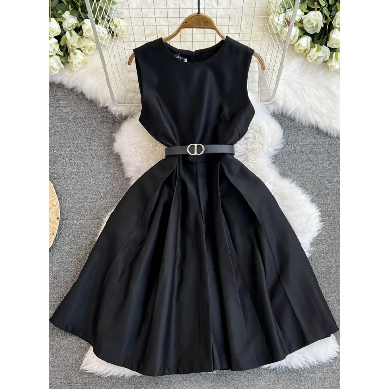 Brand Sweet Memory Black Dress Lady Elegant O-neck Sleeveless A-line Dress Women Casual Party Dress with Belt