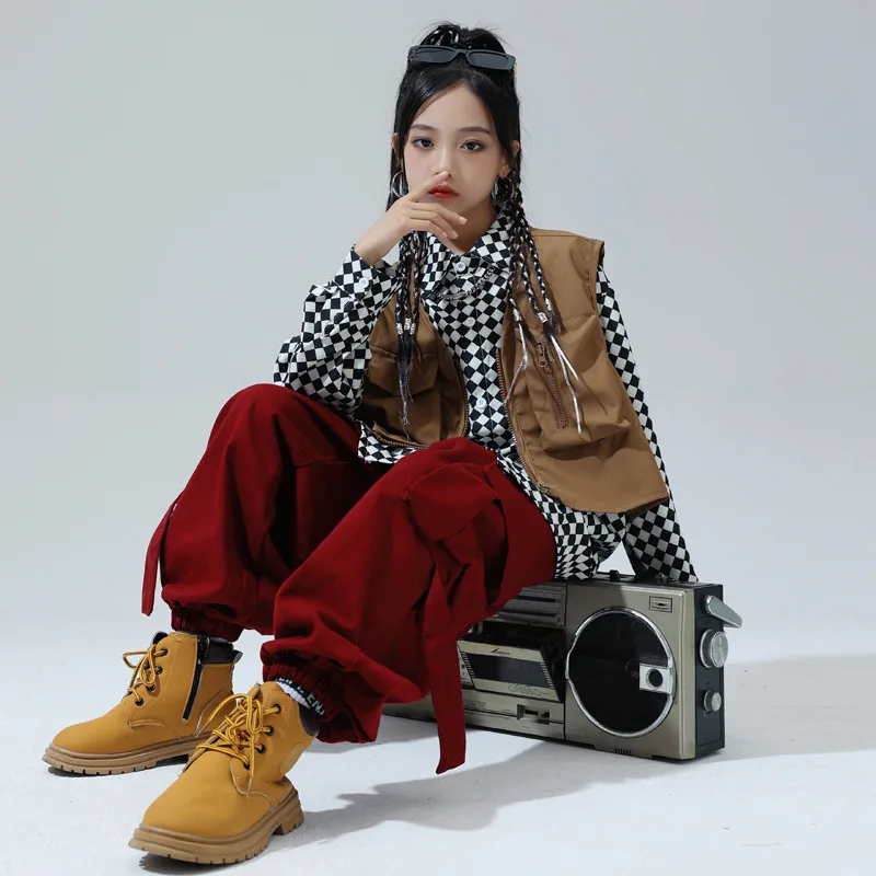 Vêtements Hip Hop pour enfants, chemise à carreaux noir et blanc, vin rouge, pantalon de jogging Cargo large décontracté pour filles et garçons, Costume de danse Jazz