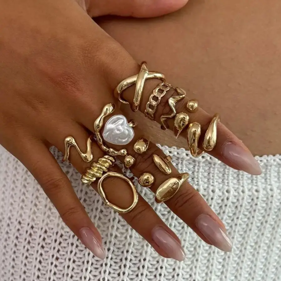 SHIXIN 12Pcs/Set Fashion Hollow Irregular Open Ring for Women Smooth Water Drop Wavy Geometric Adjustable Rings Set Lady Jewelry