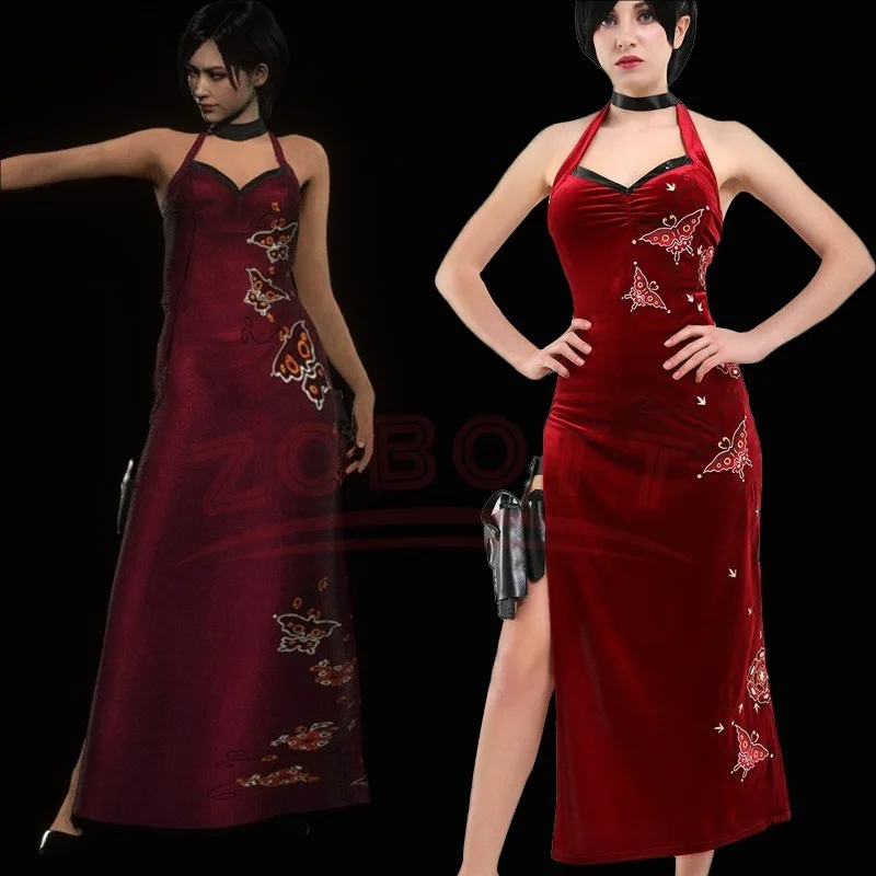 

Female Resident 4 Ada Wong Cosplay Costume Evil Cheongsam Embroidery Dress Red Ada Wig Halloween Carnival Disguise Suit Women