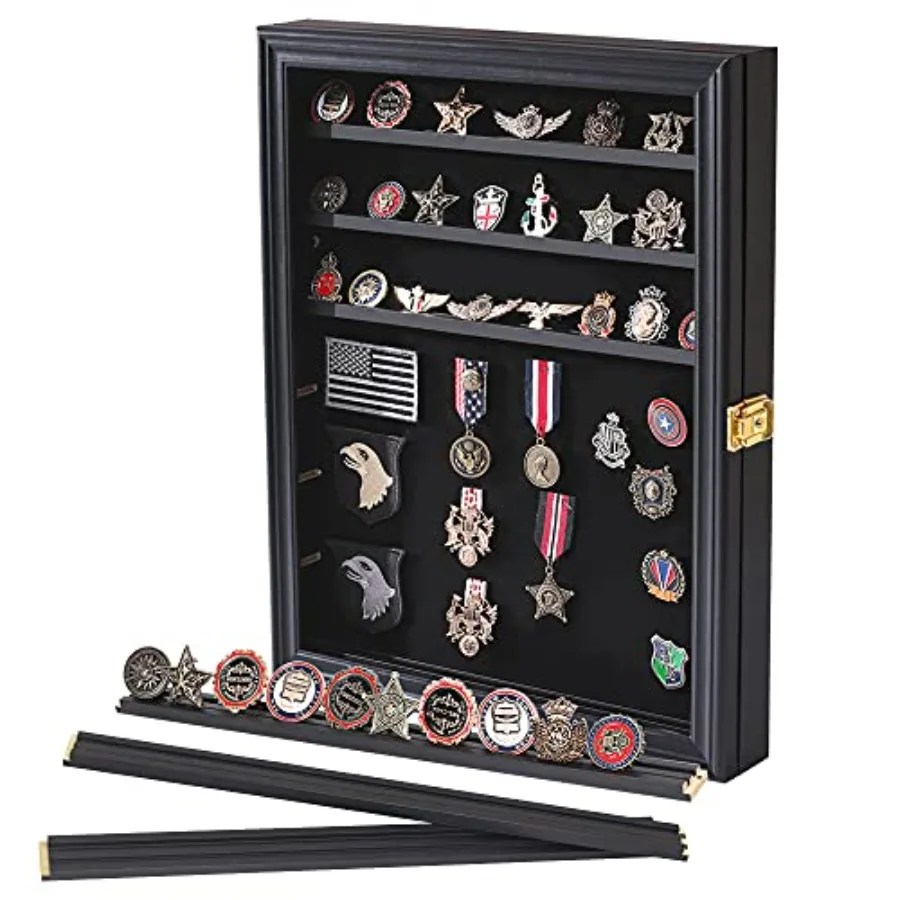 Medals Display Case Wall Frame for Collector Military Challenge Coins Holder Pins Lockable Shadow Box with Removable Shelves Bl