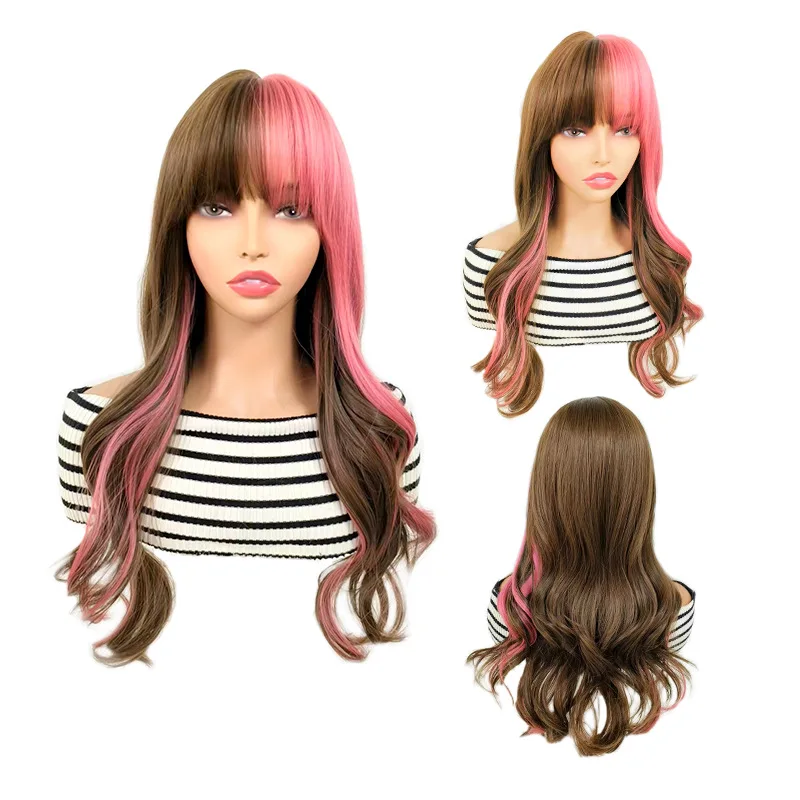 

European and American Qi bangs pink brown long curly hair wig women's hot-selling pink brown double spell yin and yang headgear