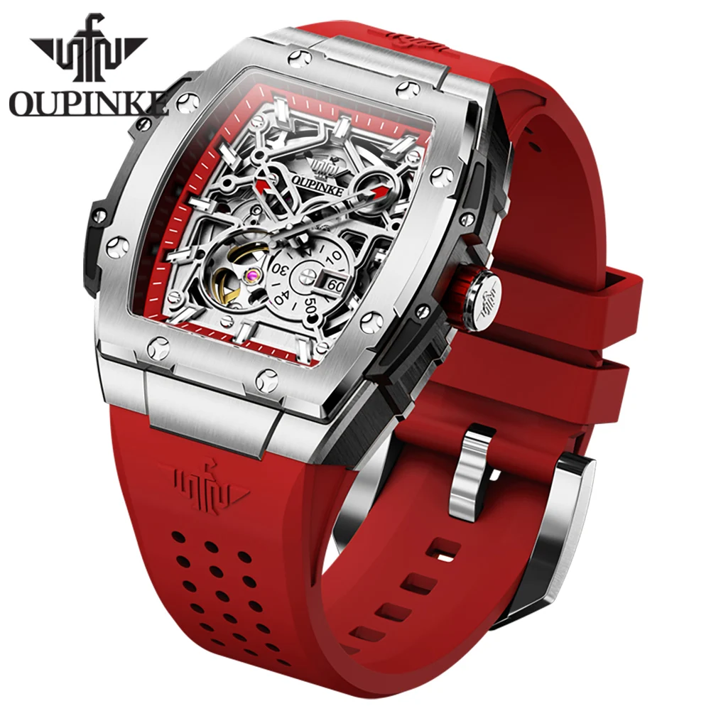 OUPINKE Original Man Watch Skeleton Hollow Out Automatic Watches for Men Silicone Strap Waterproof Tonneau Mechanical Wristwatch